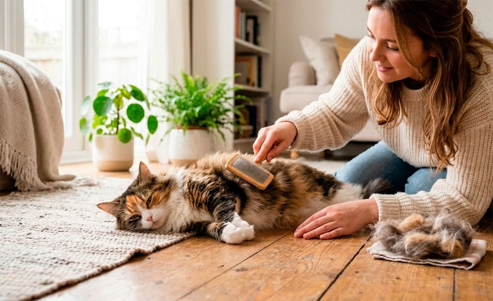 Gato de pelo largo siendo cepillado para prevenir bolas de pelo: pelo suelto recogido junto al cepillo
