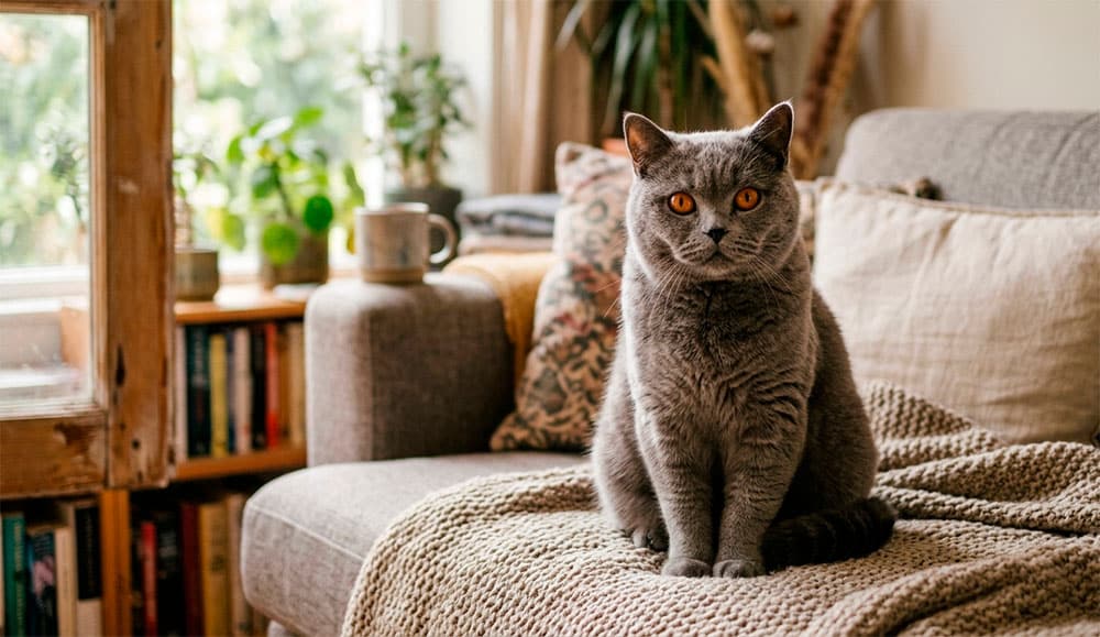 Gato British Shorthair gris azulado sentado en un sofá en un piso de interior