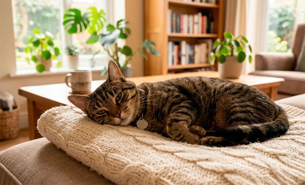 Gato tranquilo y sano en casa después de ser castrado: mejor calidad de vida y menos conductas problemáticas