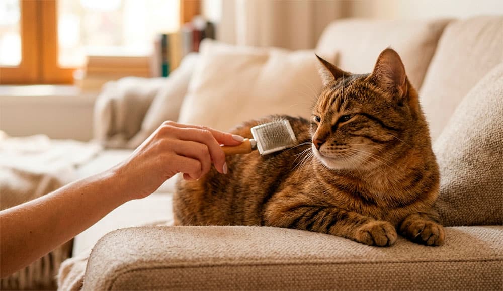 Persona cepillando suavemente a un gato atigrado con un cepillo slicker