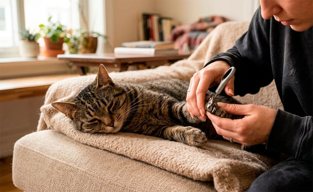 Persona cortando las uñas a un gato atigrado con cortaúñas especial para mascotas