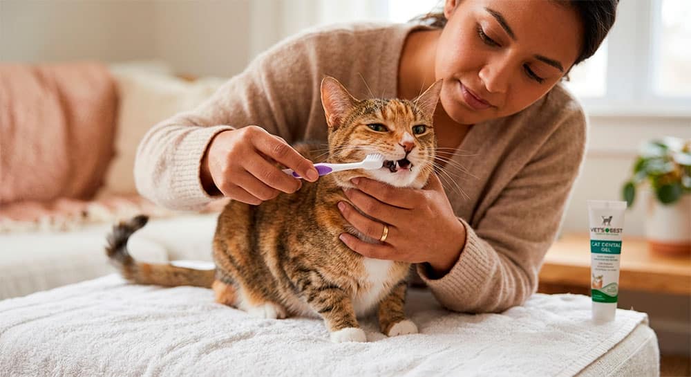 Persona cepillando suavemente los dientes a un gato con cepillo dental felino