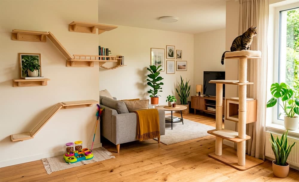 Gato en árbol rascador junto a repisas de pared y puzzle feeder: enriquecimiento ambiental en casa