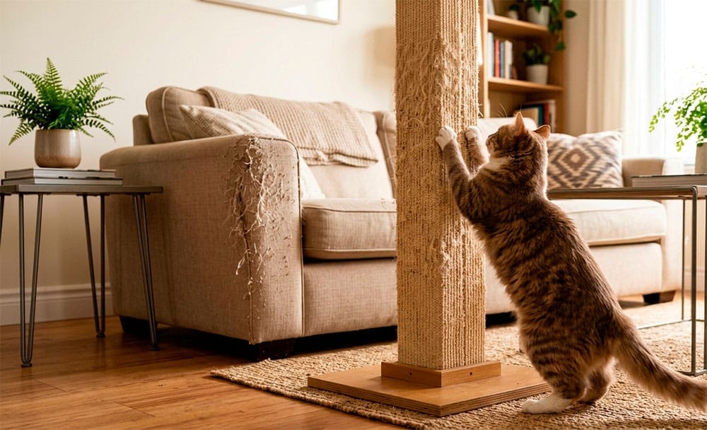 Gato usando un rascador de sisal junto a un sofá ligeramente dañado en las esquinas