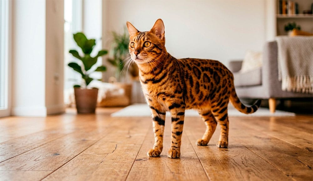 Gato bengalí con pelaje moteado dorado en el suelo de un piso de interior
