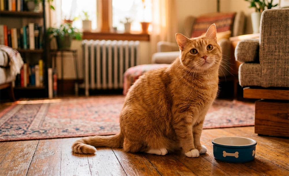 Gato con sobrepeso junto a su comedero: causas del sobrepeso felino y cómo adelgazar