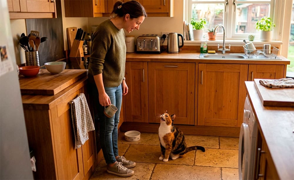 Gato mirando a su dueño con la boca abierta maullando para comunicar algo en la cocina
