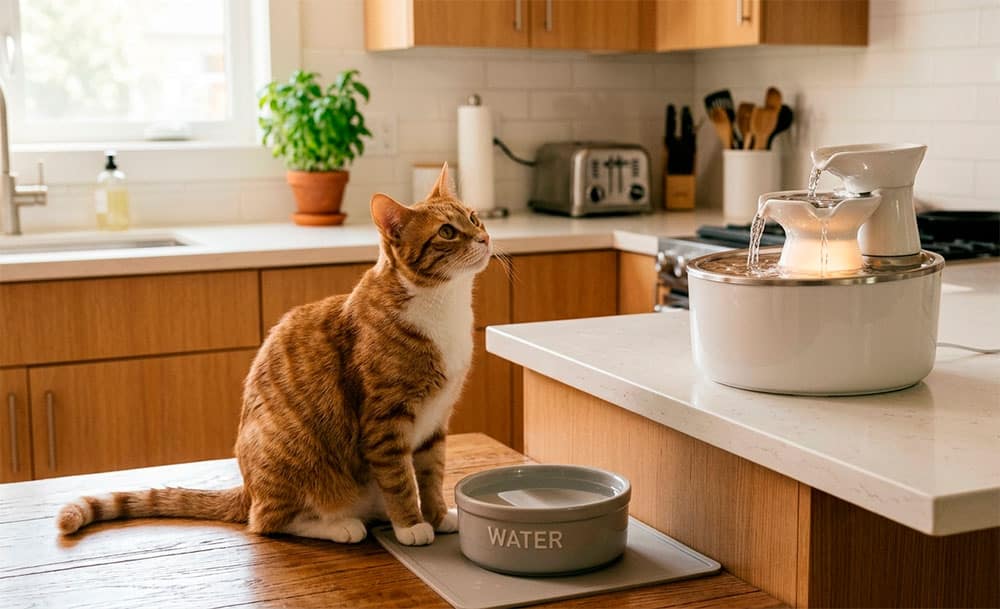 Gato ignorando su cuenco de agua mientras observa una fuente bebedero en la cocina