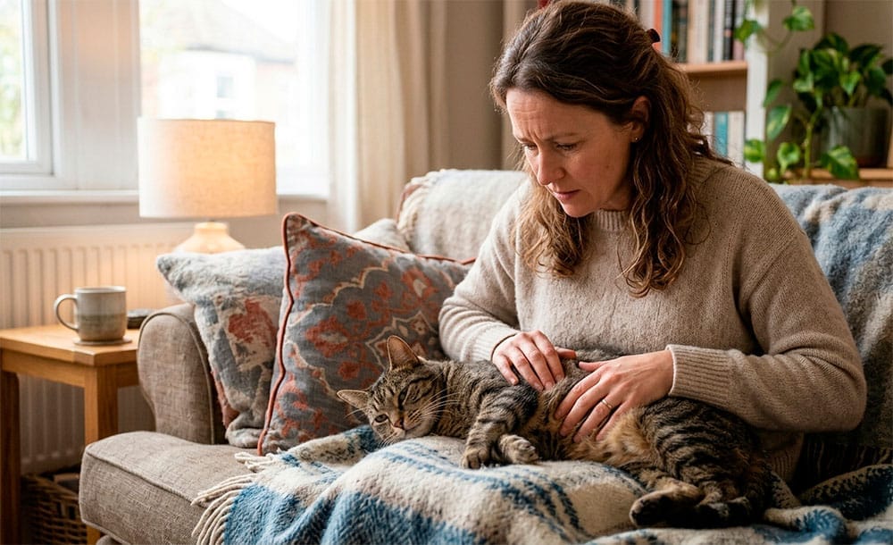 Dueño revisando con preocupación a su gato letárgico en el sofá: señales de que algo no va bien