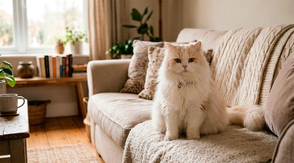 Gato persa de pelo largo en un sofá en un piso de interior