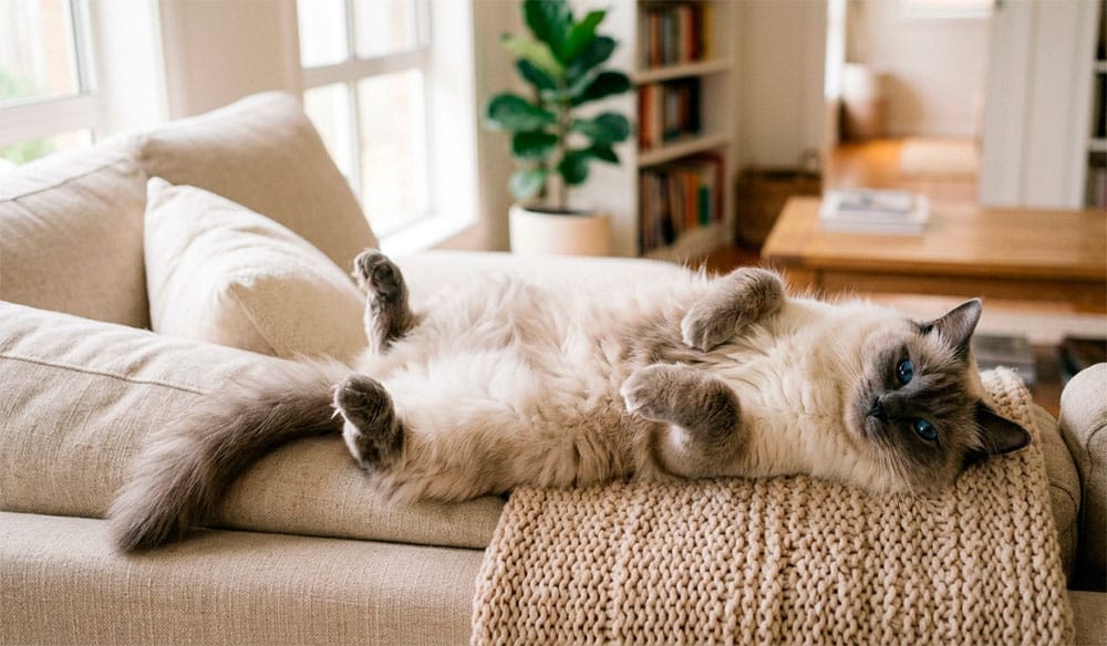 Gato Ragdoll de pelo largo tumbado en un sofá en un piso de interior
