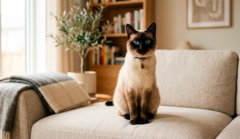 Gato siamés de ojos azules sentado en un sofá en un piso de interior