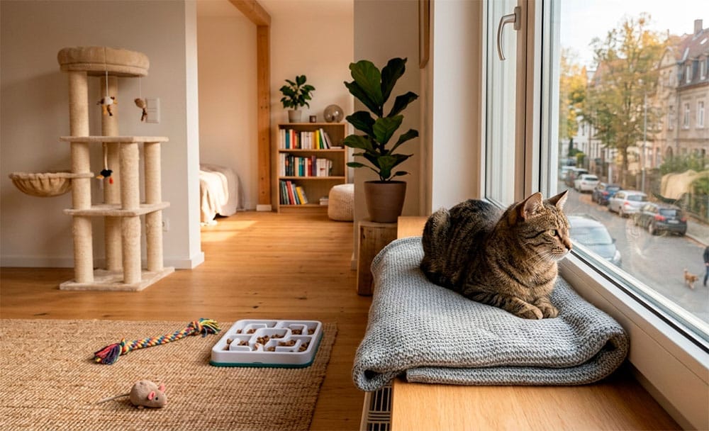 Gato solo en casa mirando por la ventana con árbol rascador y juguetes preparados