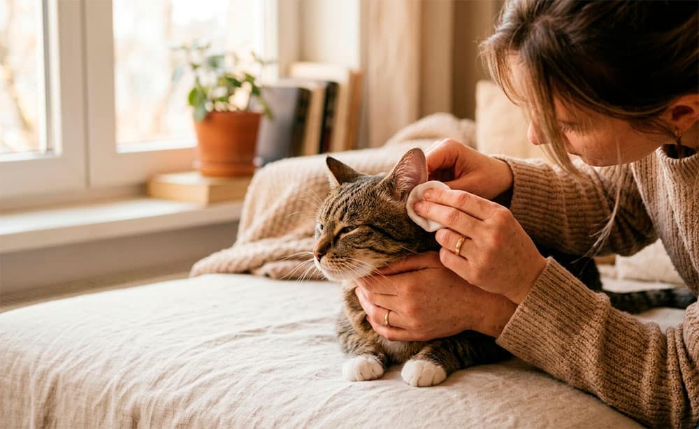 Persona limpiando suavemente la oreja de un gato con una gasa y limpiador auricular