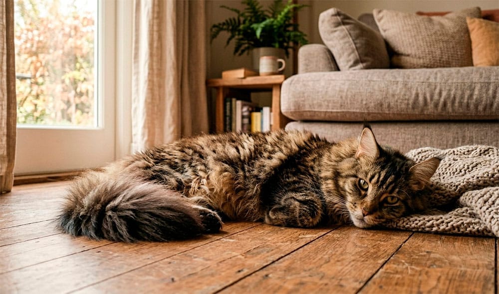 Gato Maine Coon de pelo largo tumbado en el suelo de un piso de interior