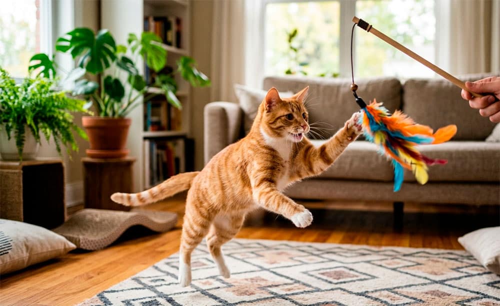 Mejores juguetes para gatos: caña con plumas para juego interactivo diario