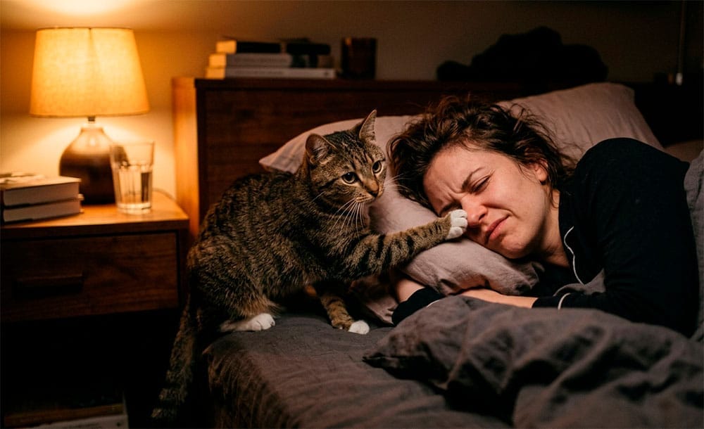 Gato despertando a su dueño dormido en la cama de madrugada dándole un toque con la pata