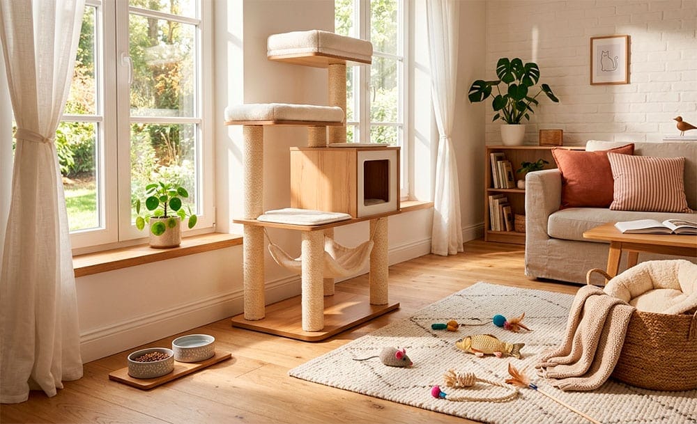 Habitación preparada para recibir a un gato: árbol rascador, comedero y cama antes de adoptar