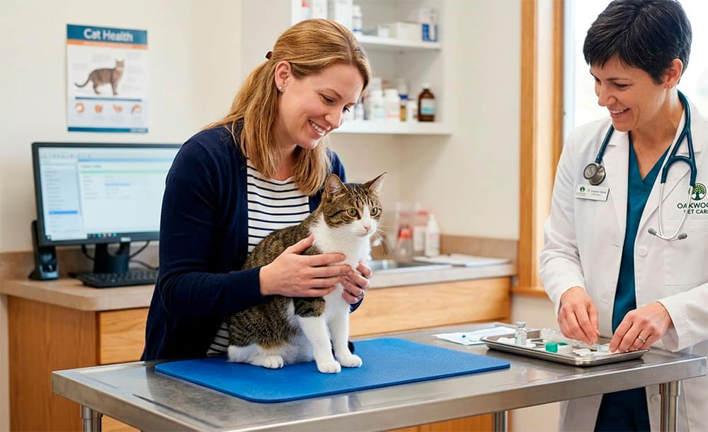 Veterinario preparando la vacuna de un gato tranquilo sostenido por su dueño en la consulta