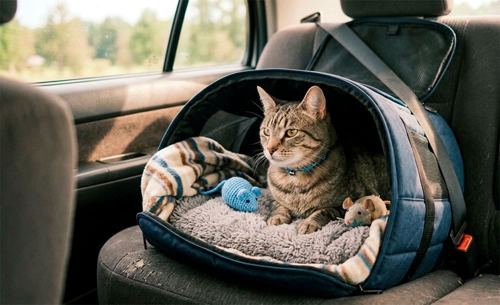 Gato relajado dentro de un transportín abierto en el asiento del coche durante un viaje